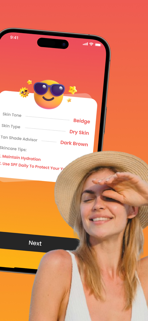 SunkissTimer:AI Taning Routine - SunkissTimer app interface displaying personalized skin analysis and tanning advice