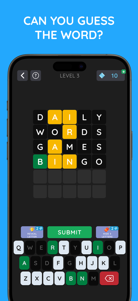 WordDaily: Guess the Word - A word guessing game interface showing a 5-letter word puzzle with green and yellow letter feedback on a dark background.