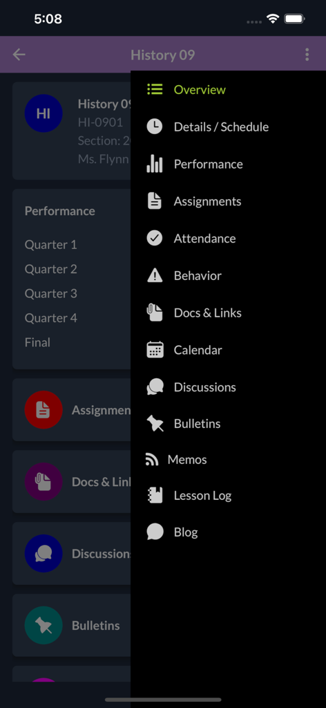 iGradePlus - Navigation menu in the iGradePlus app showing options for performance attendance and assignments