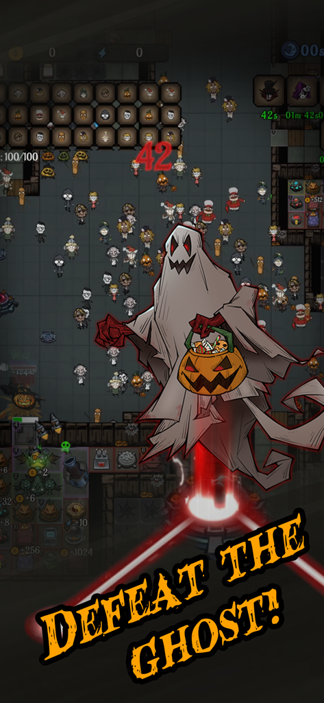 Stay Room: SilentCastle Origin - A large ghost boss with a pumpkin basket in Stay Room SilentCastle Origin with text saying Defeat the Ghost