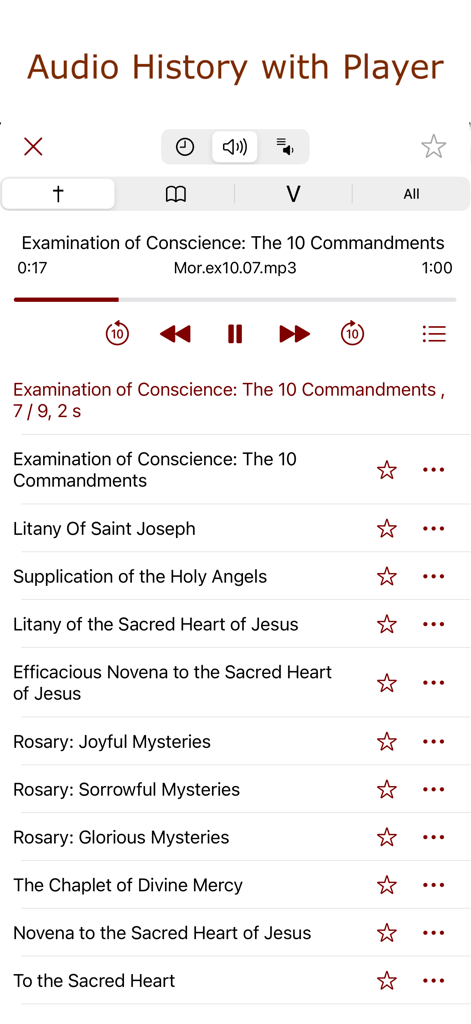 Schermata del lettore audio di iPieta con un elenco di preghiere e devozioni cattoliche