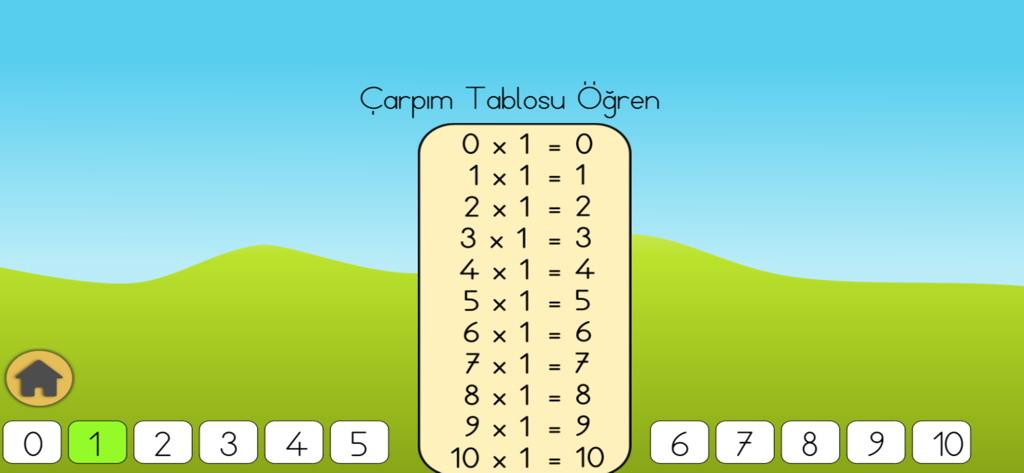 Çarpım Tablosu Oyunları - A list of multiplication facts for the number one in a math learning app with a cartoon landscape background.