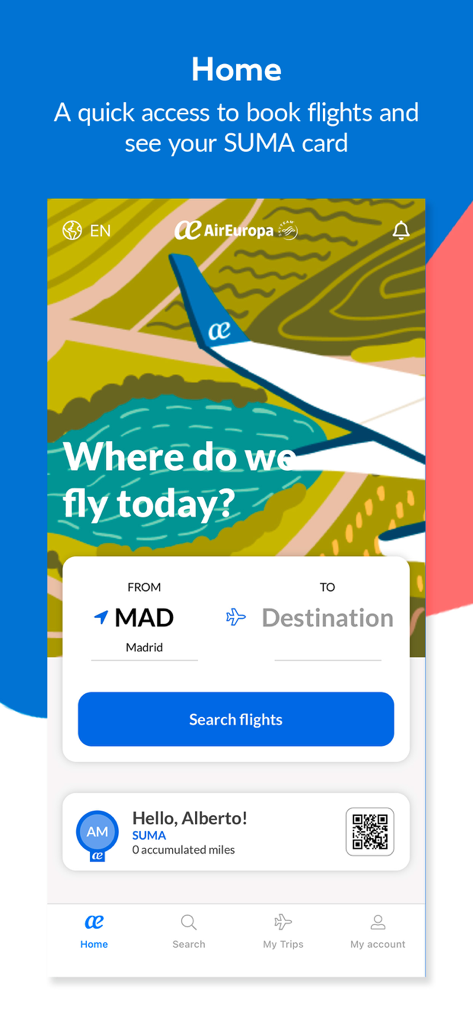 Pantalla de inicio de la aplicación Air Europa que muestra la búsqueda de vuelos desde Madrid y una sección de tarjeta de fidelidad SUMA