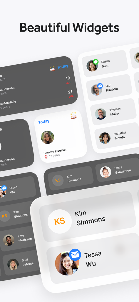 Cardhop Contacts app widgets showing birthday reminders and quick communication actions