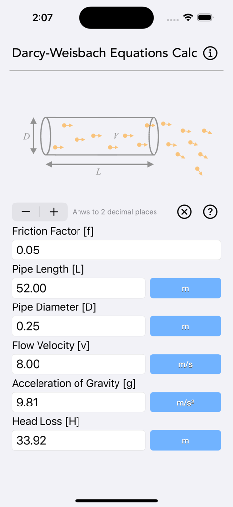 Darcy Weisbach Equations Calc mobile interface showing pipe flow diagram and engineering calculation inputs