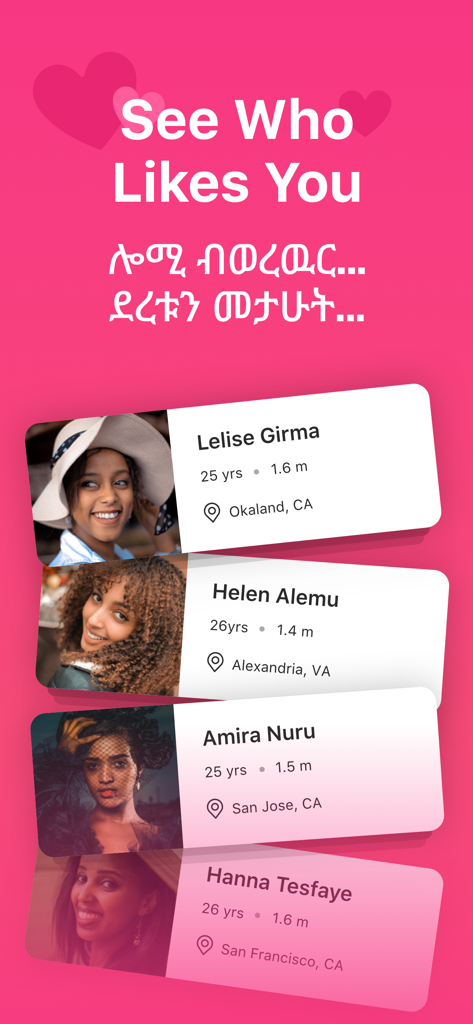 Kum Neger - Habesha Dating - Kum Neger app screen showing profiles of Habesha singles with the headline See Who Likes You