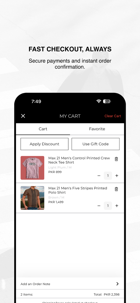 elo Shopping App - Warenkorb-Bildschirm in der elo App, der Marken-Herrenhemden mit Preis- und Checkout-Details anzeigt.
