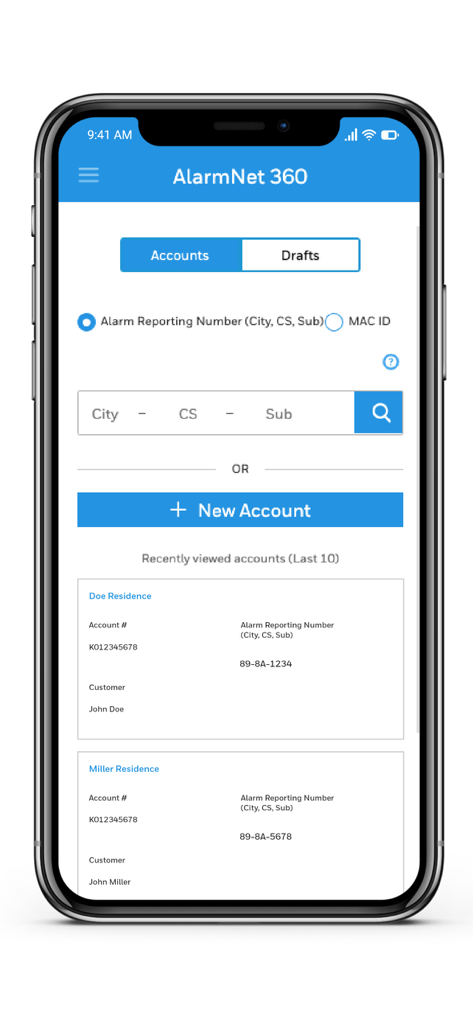 Interfaz de la aplicación AlarmNet 360 para administrar y buscar cuentas de seguridad