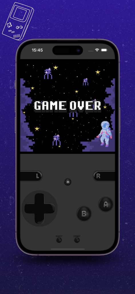 iPhone exibindo o emulador retrô iGBA com uma tela de Game Over pixelada e controles virtuais do jogo