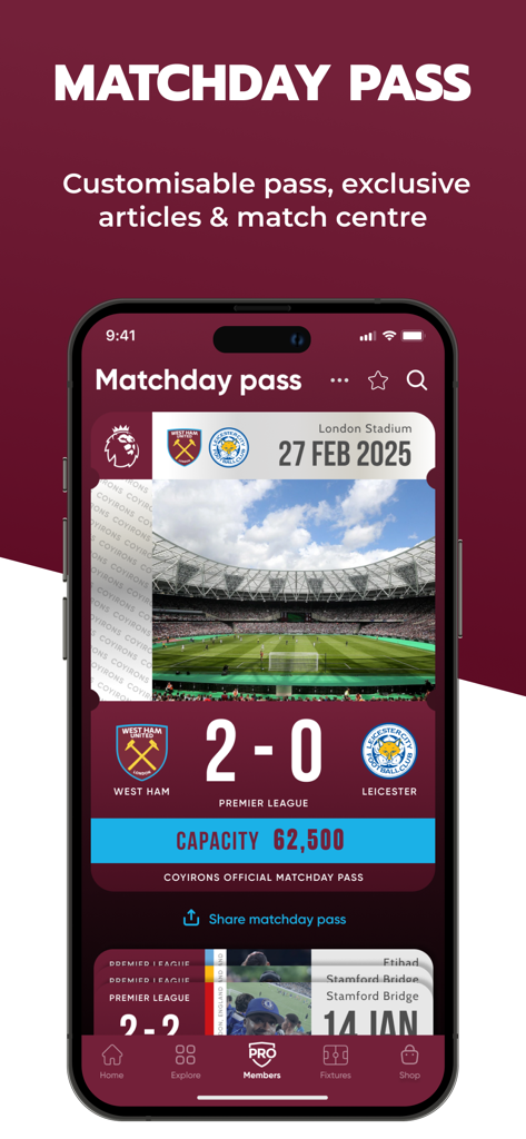 COYIrons 앱은 웨스트햄 대 레스터 경기의 디지털 경기일 패스를 2-0 점수로 표시하고 있습니다.