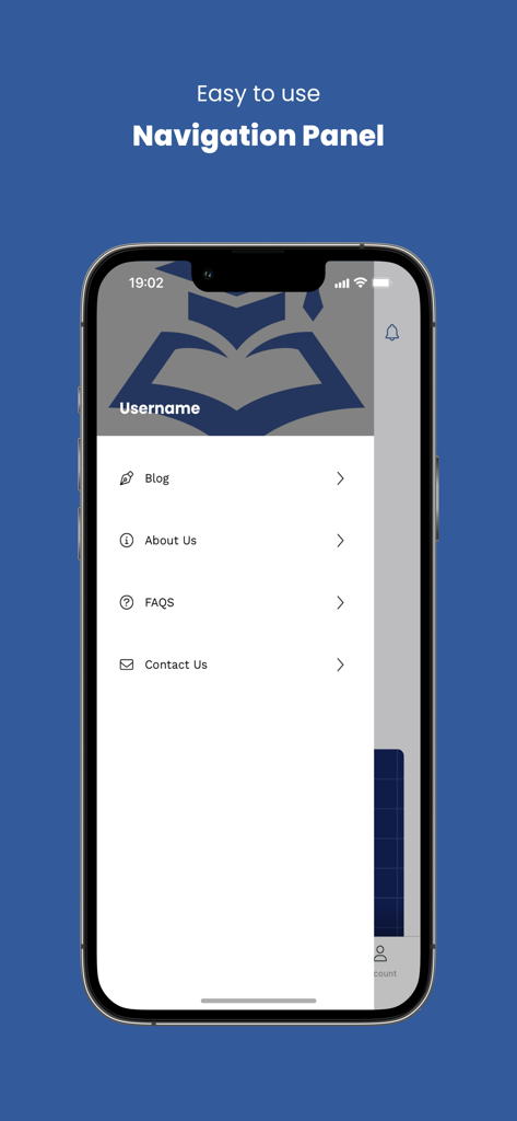 Navigation panel of the WFM eLearning mobile app showing menu options like Blog and FAQs.