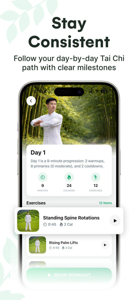 Tai Chi Workout for Seniors - Interfaz de la aplicación de Tai Chi que muestra una rutina de entrenamiento diario para personas mayores con videos de ejercicios y seguimiento del progreso