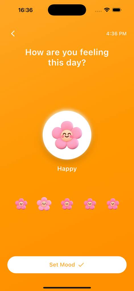 Zetto app screen asking 'How are you feeling this day' with flower-shaped mood icons on a bright orange background.