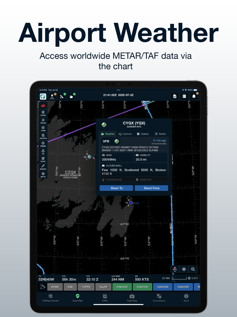 Aplicación de navegación Scott IPC mostrando el tiempo del aeropuerto en tiempo real y datos METAR TAF en un iPad