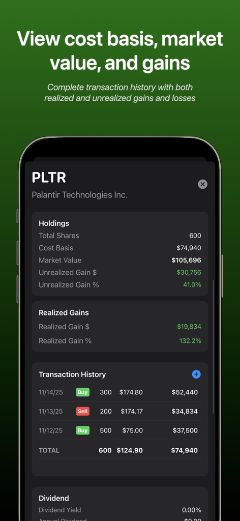 My Pocket Portfolio - Mobile screen showing detailed stock holdings, cost basis, market value, and transaction history for an investment portfolio.