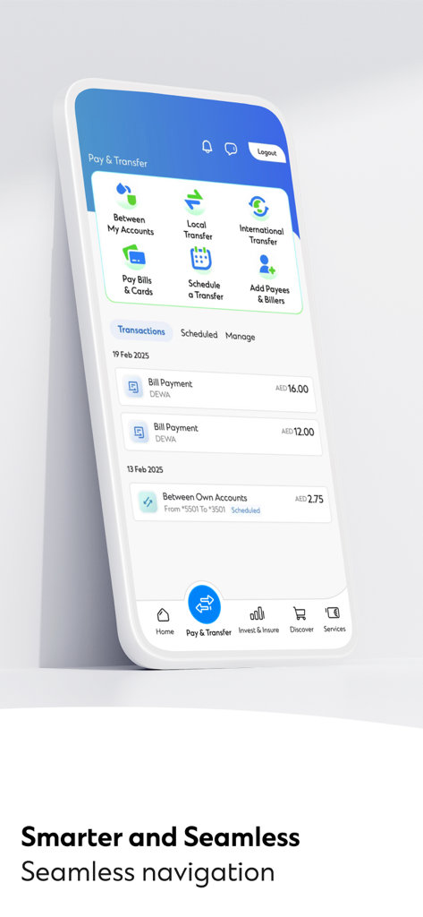 SC Mobile Banking (UAE) - SC Mobile Banking UAE app interface showing pay and transfer options and transaction history on a smartphone