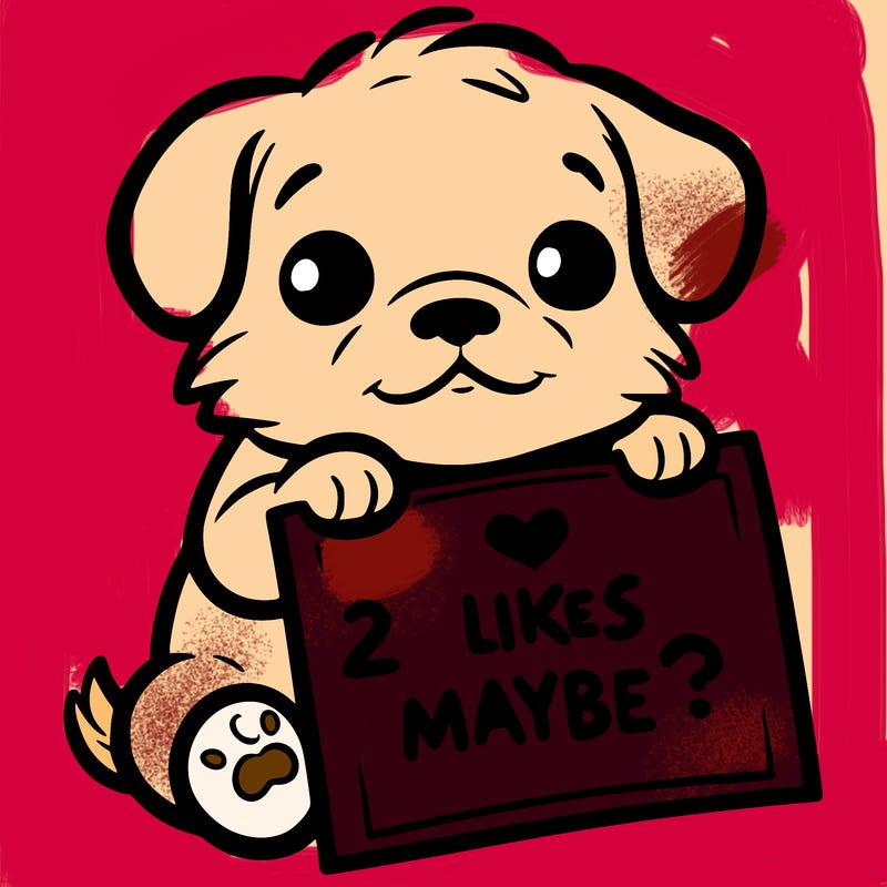 a puppy holding a sign that says 2 likes maybe?