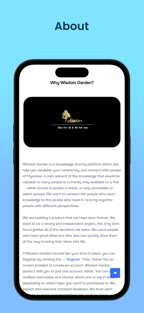 Pantalla Acerca de de la aplicación Wisdom Garden que explica su propósito como plataforma de intercambio de conocimientos para la comunidad de Myanmar.