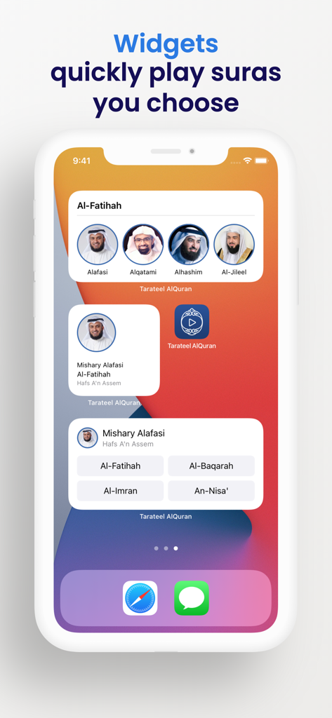 iPhone home screen displaying various Tarateel AlQuran widgets for quick access to reciters and surahs
