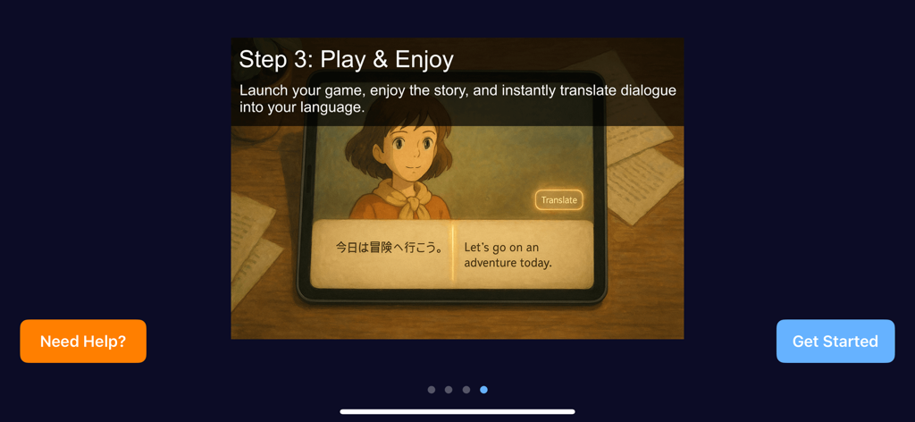 An iPad screen displaying a visual novel with Japanese dialogue being translated into English using the Renpy Pocket app