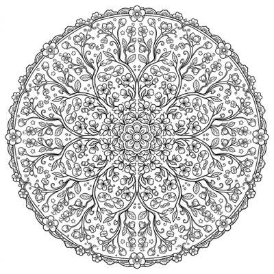 Discover tranquility with this stunning Cherry Blossom Mandala coloring page, an intricate design perfect for mindful relaxation. Embrace the delicate beauty of spring flowers woven into a symmetrical artistic pattern.