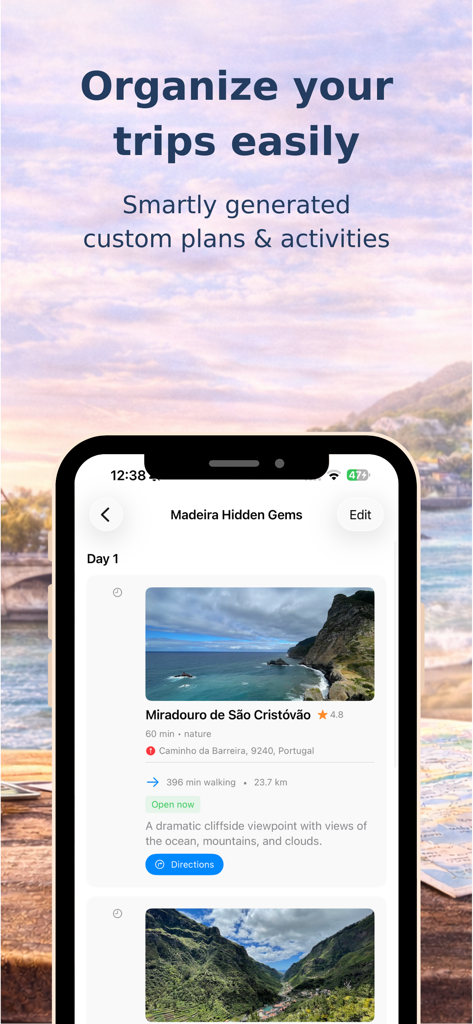 Itinify: Travel Planner - Itinify mobile app showing a personalized travel itinerary for Madeira with location photos and walking distances