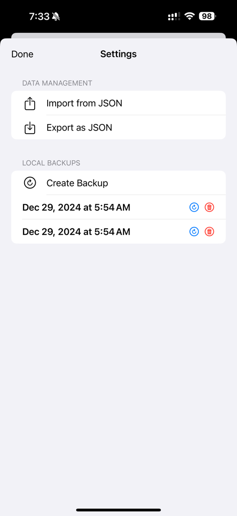 coconutLedgerAssistant - Pantalla de configuración para la gestión de datos y copias de seguridad locales en la aplicación coconutLedgerAssistant