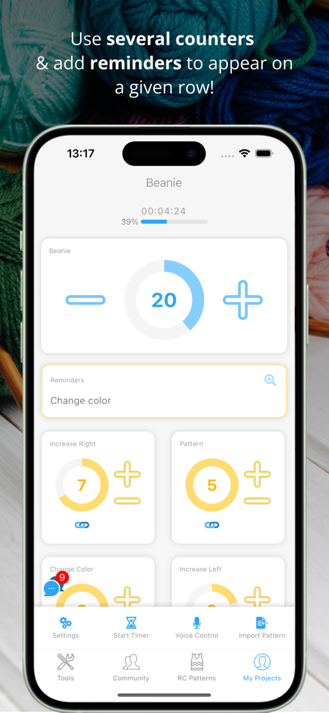 My Row Counter, Knit & Crochet - Interface of My Row Counter app showing multiple project counters and custom row reminders