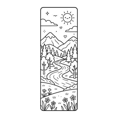 Embark on a coloring adventure with this delightful landscape bookmark, designed especially for young artists. Featuring a sunny mountain scene with a flowing river and cheerful flowers, it's perfect for kids aged 4-8.