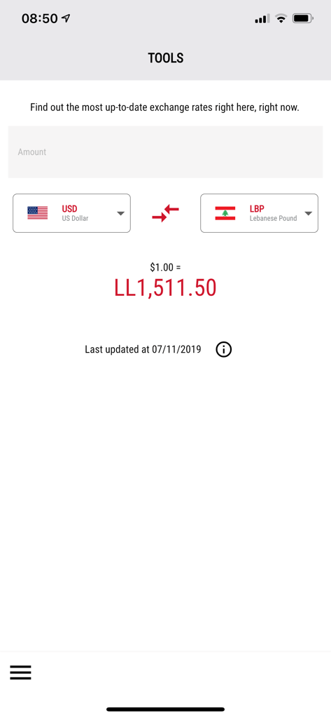 FNB Mobile App currency converter displaying USD to Lebanese Pound exchange rate