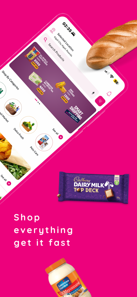 delco: Grocery, Food & More - Pantalla de teléfono inteligente que muestra la interfaz de la aplicación Delco para entrega de comestibles y alimentos en Ruanda