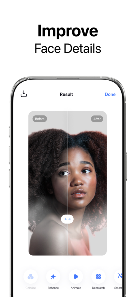 Pixelup: AI Photo Enhancer App - Vorher-Nachher-Vergleich eines Porträtfotos, das verbesserte Gesichtsdetails mit Pixelup AI zeigt