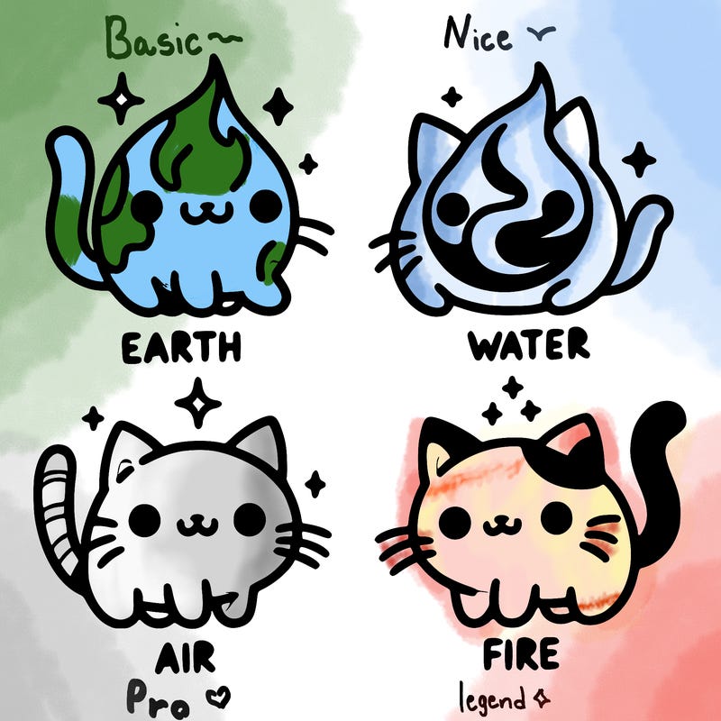 4 cats that represent the different elements, earth, water, air, and fire