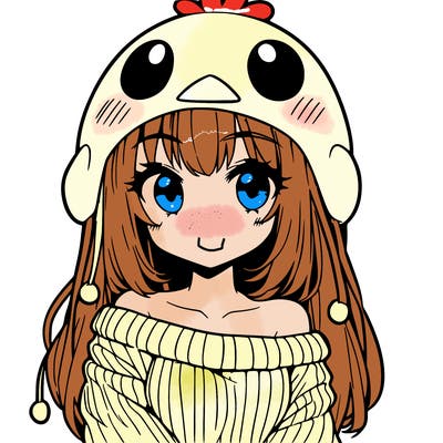 anime girl with chick shaped hat with sweater with bare shoulders with bangs covering them one eye with low tail