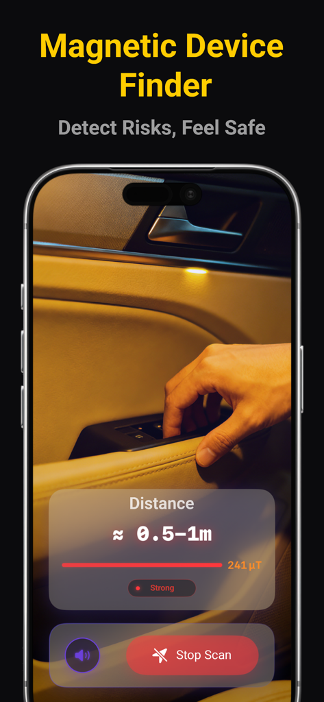 Vulk: Camera Tracker Detector - Vulk app interface showing the magnetic device finder feature scanning a car interior for hidden trackers
