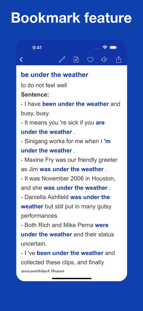Common Phrases and Collocationsアプリのインターフェースで、「be under the weather」というイディオムの例文とブックマーク機能が表示されたスクリーンショット。