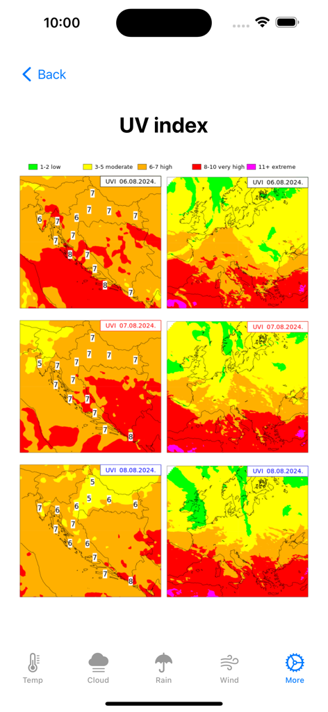 Aplicación CroForecast mostrando mapas de calor del índice UV para Croacia y Europa con escalas codificadas por colores
