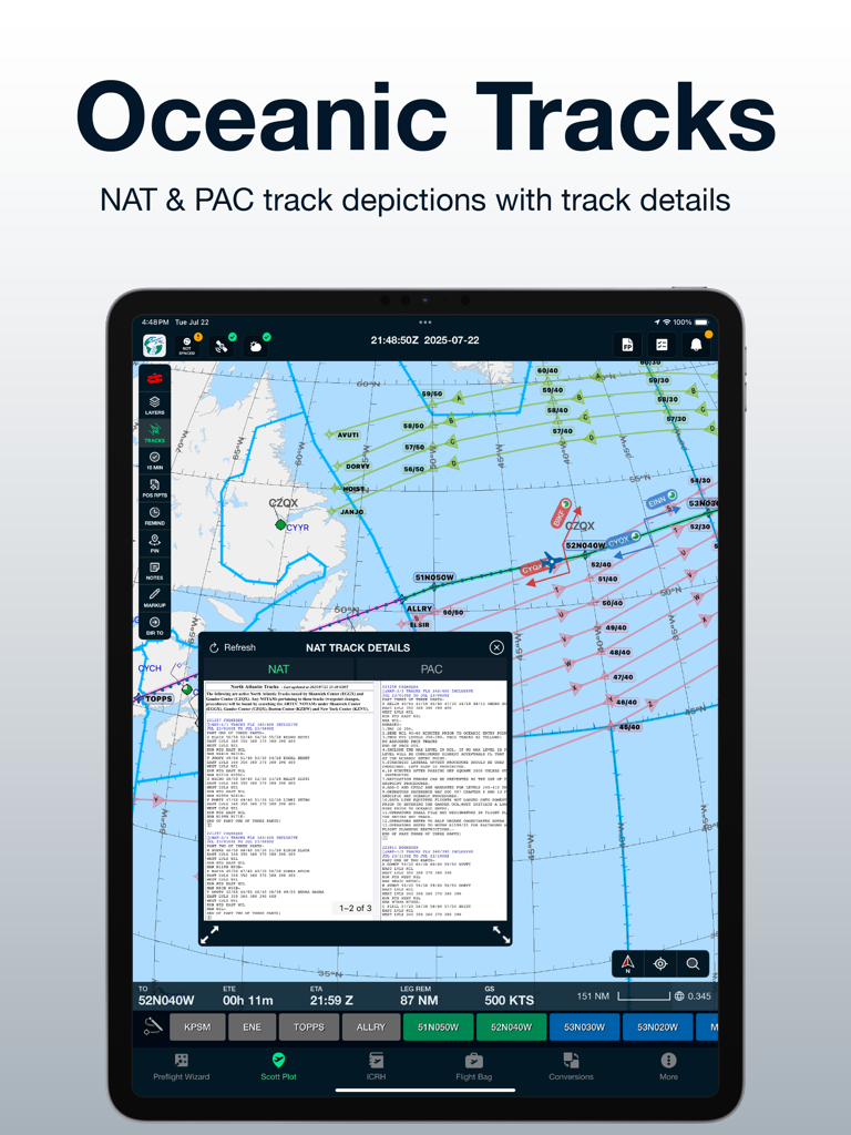 iPad display of the Scott IPC app showing oceanic tracks and detailed navigation data for international flights.