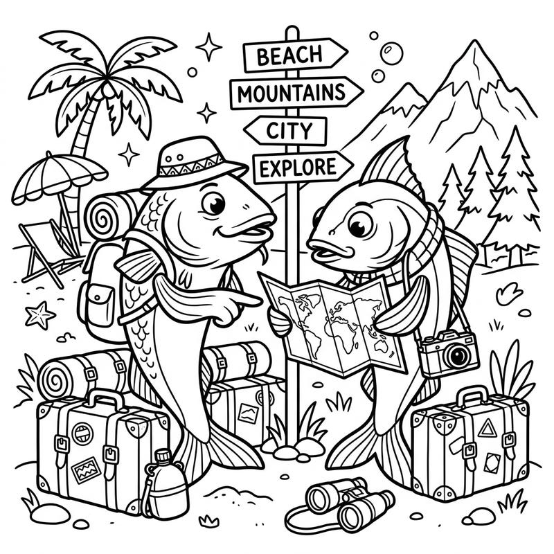 Join our adventurous Cod and Haddock fish as they embark on an exciting vacation journey! This delightful coloring page is packed with travel essentials, ready for you to bring to life with color.