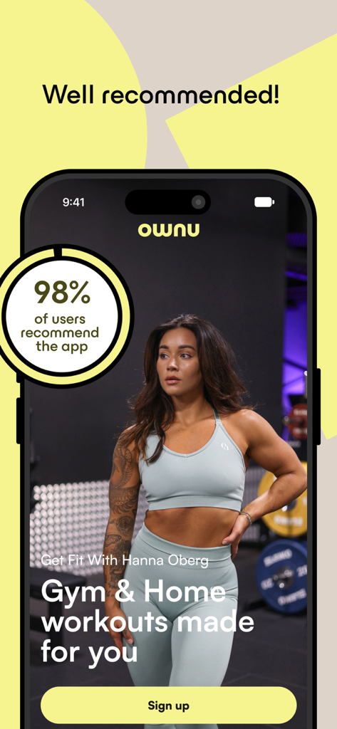 OWNU fitness app home screen featuring Hanna Oberg and a 98 percent user recommendation badge