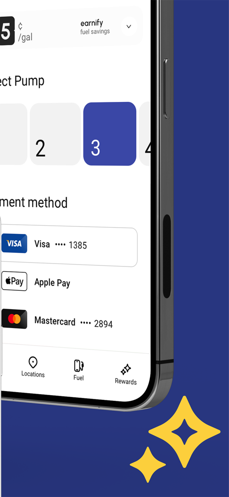 earnify - Smartphone screen showing the earnify app pump selection and payment methods including Visa and Apple Pay.