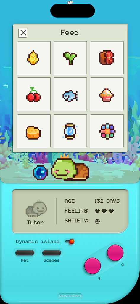 Pixel Shimeji: My Digital Pet - A retro pixel art feeding menu for a digital turtle pet in the Pixel Shimeji app interface