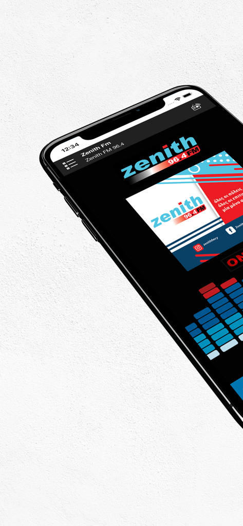 Zenith FM 96.4 radio station mobile app interface on an iPhone