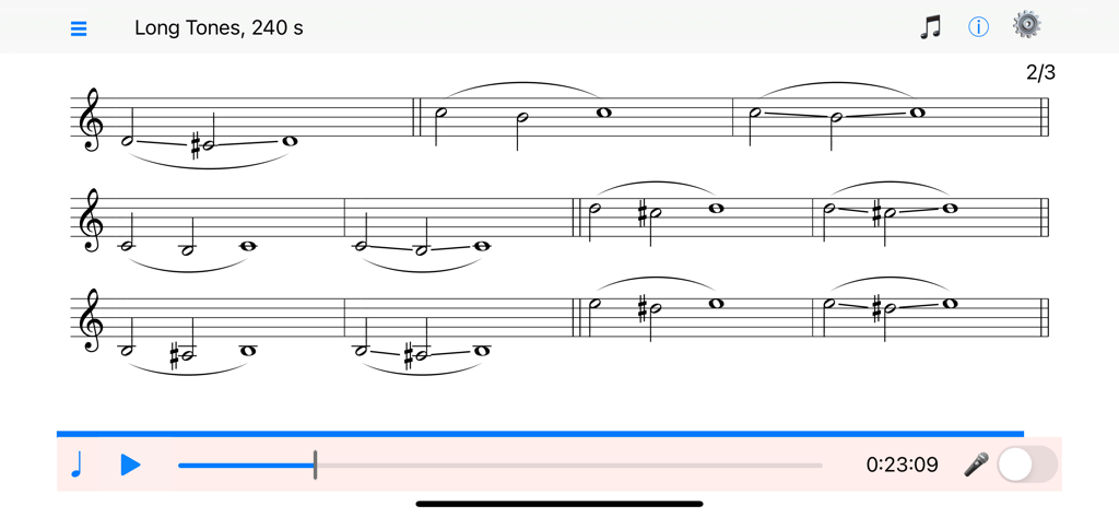 録音および再生コントロールが統合されたトランペットのロングトーン・ウォーミングアップ・エクササイズの譜面