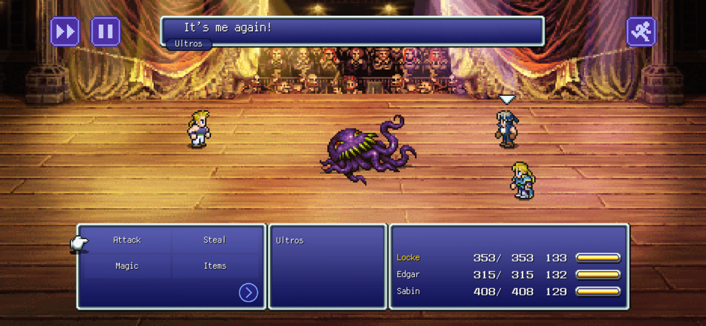 FINAL FANTASY VI - Kampfszene gegen Ultros im Opernhaus aus Final Fantasy VI Pixel Remaster.