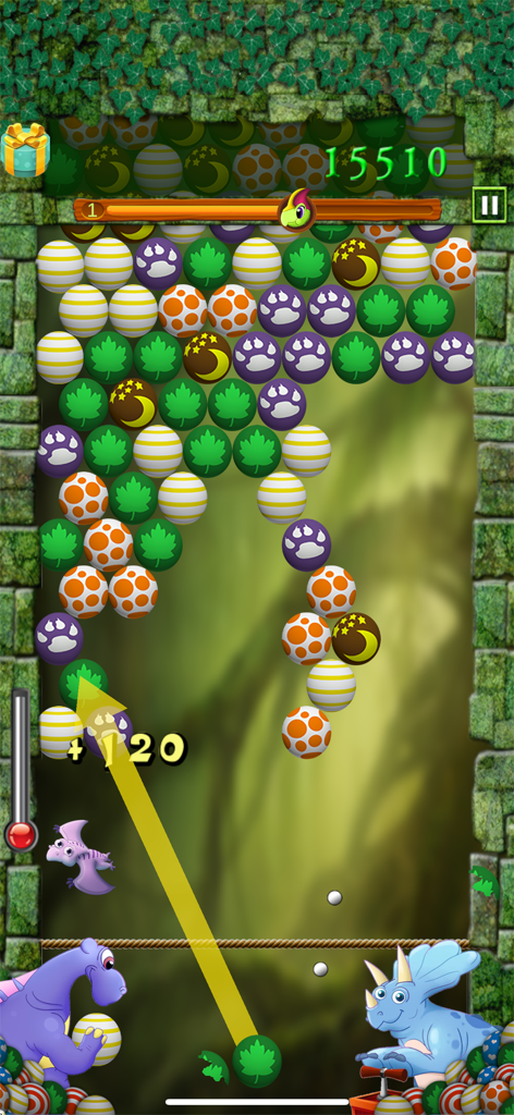 Egg Shoot Dino gameplay showing a bubble shooter mechanic with colorful dinosaur eggs and cartoon dinosaur characters