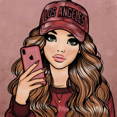 realistic beautiful girl wearing los ángeles cap holding an iphone