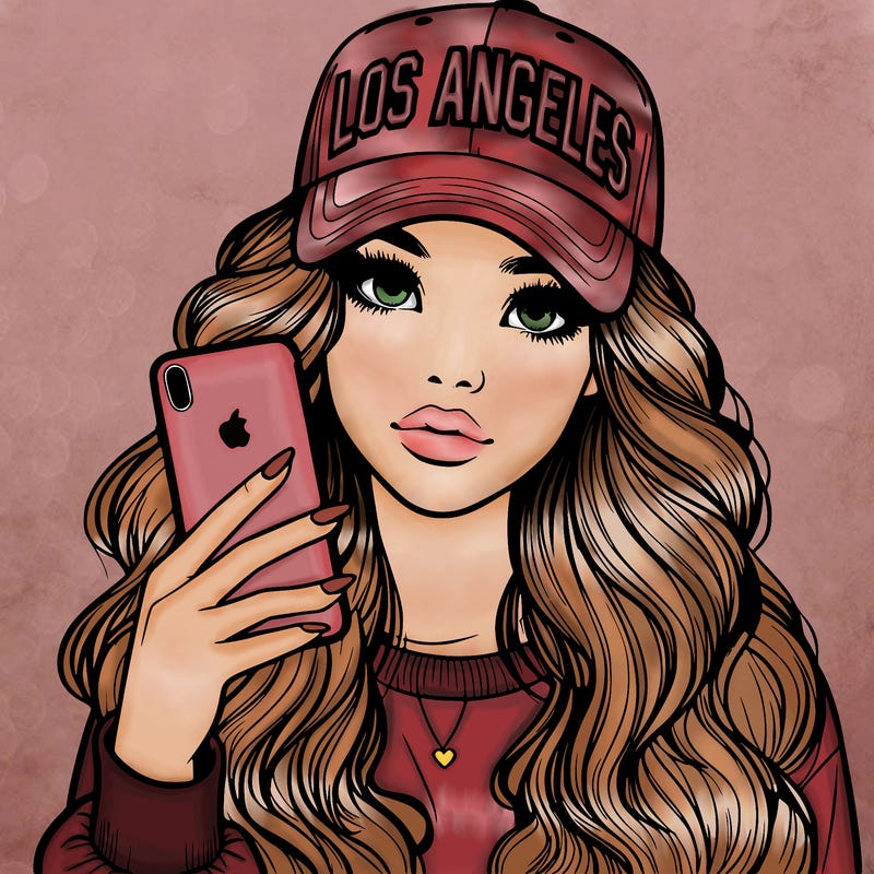 realistic beautiful girl wearing los ángeles cap holding an iphone