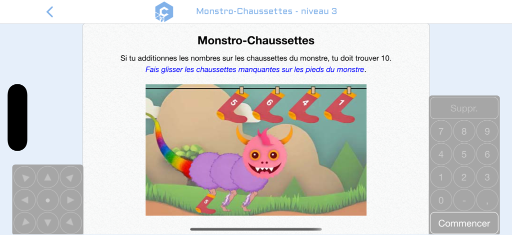 calcul@TICE - Educational math addition game for children featuring a colorful monster and numbered socks