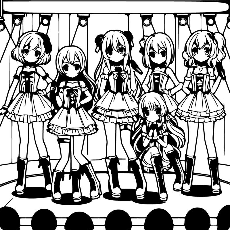 band of anime girls on a stage wearing pretty dresses and boots